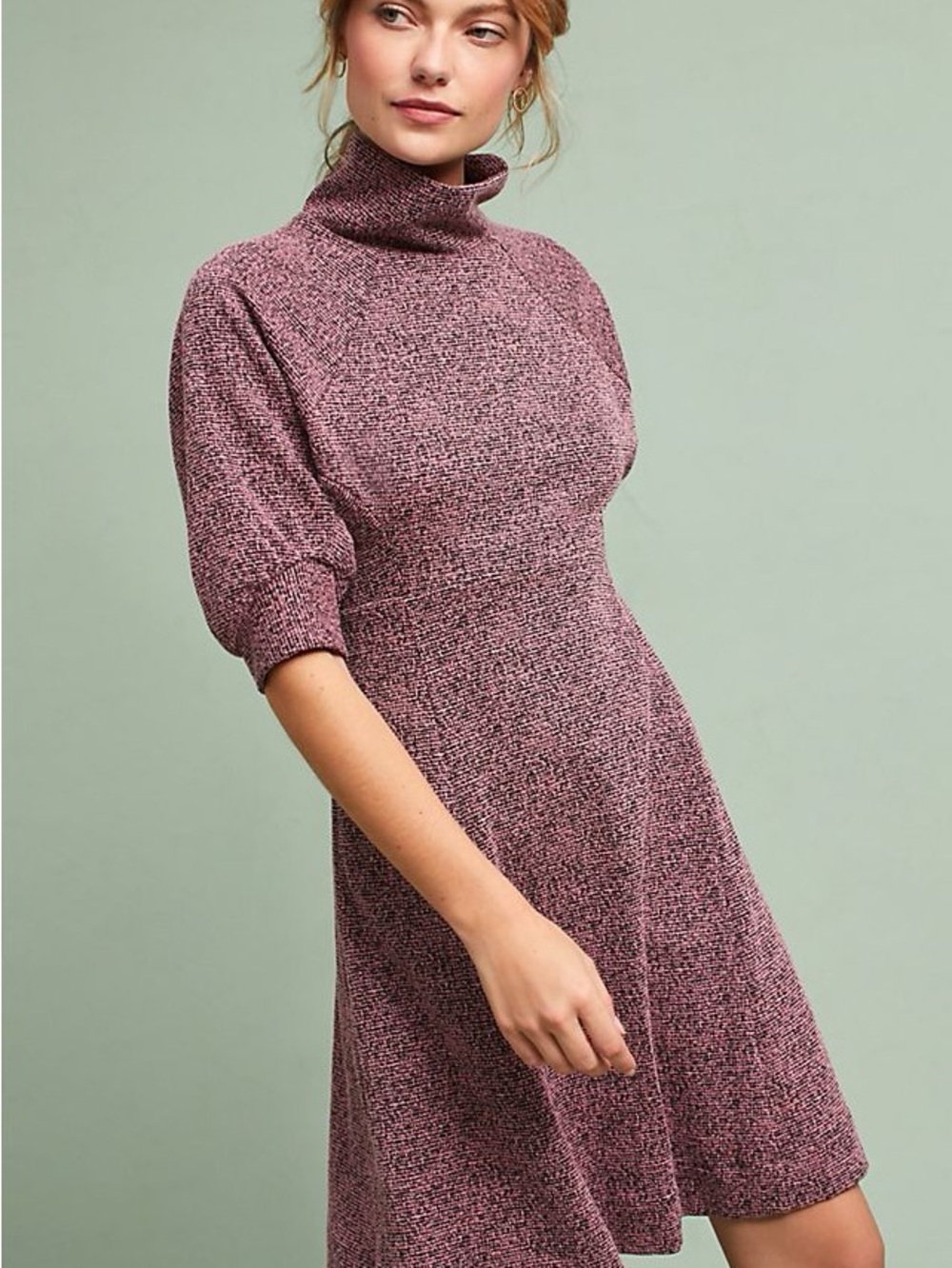 Maeve Anthropologie S Turtleneck Knit Fit & Flare Dress Comfy Stretchy Puff Boho